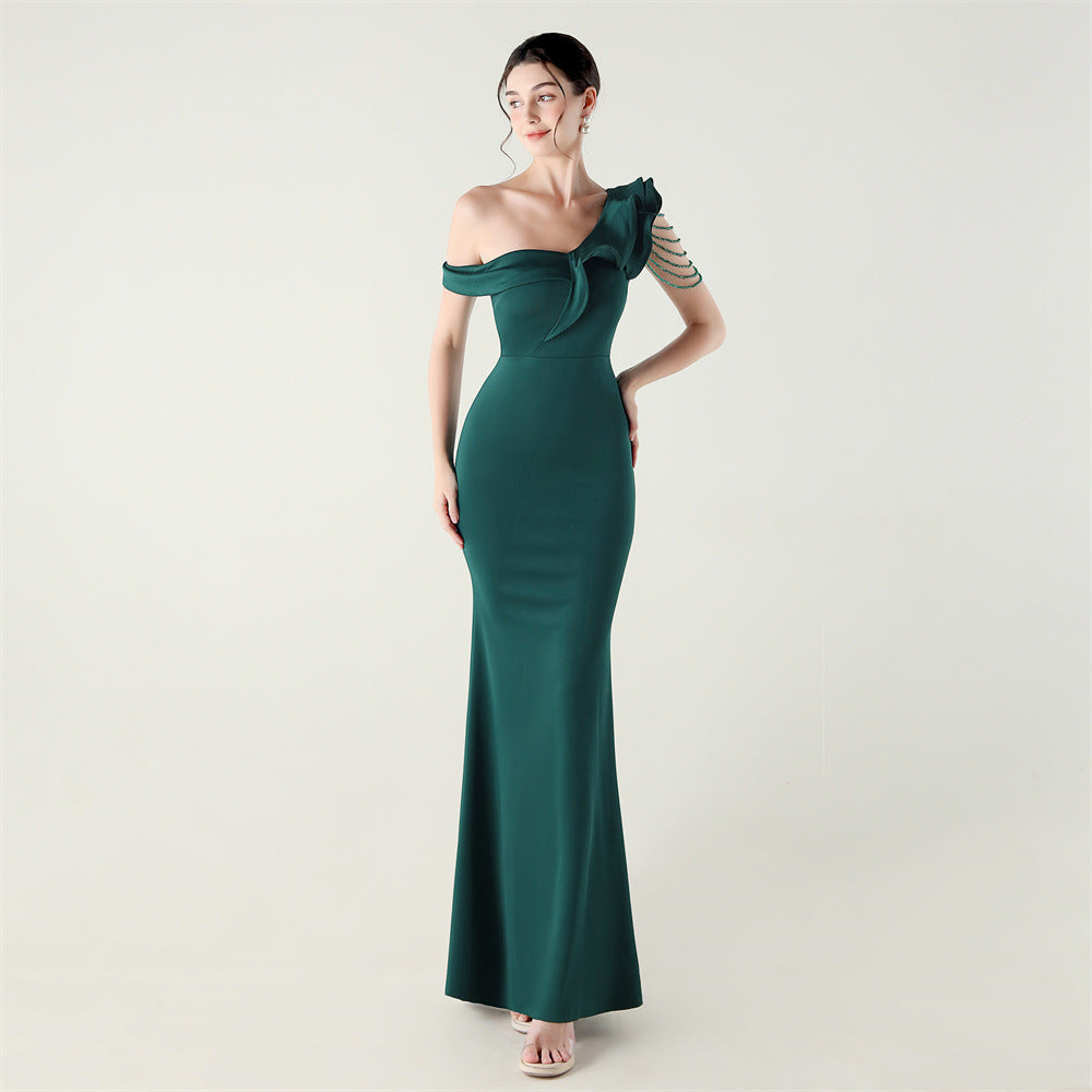 Ruffled One Shoulder Heavy Industry Beads String Slim Fit Satin Fishtail Evening Dress Wedding Red Carpet Cocktail Dress - FashionAxe