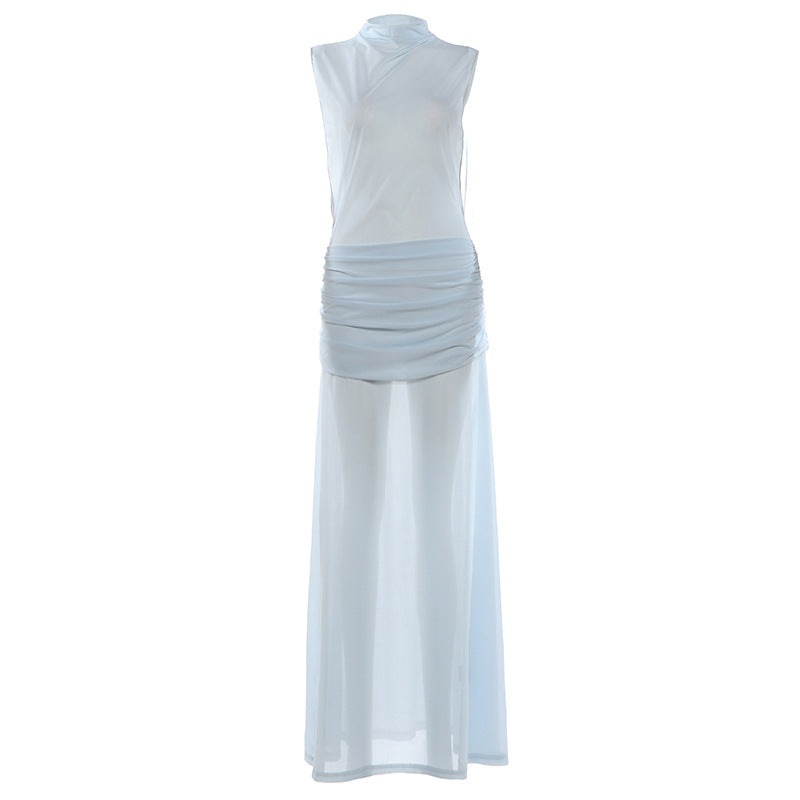 Mock Neck Sleeveless Ruched Drop Waist Maxi Dress 2