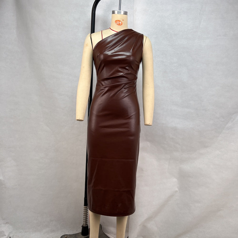 Faux Leather One Shoulder Sleeveless Bodycon Midi Dress 5