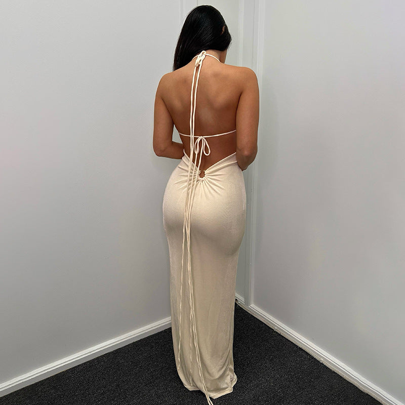Halter Neck Ruched Drawstring Front Backless Bodycon Maxi Dress 2