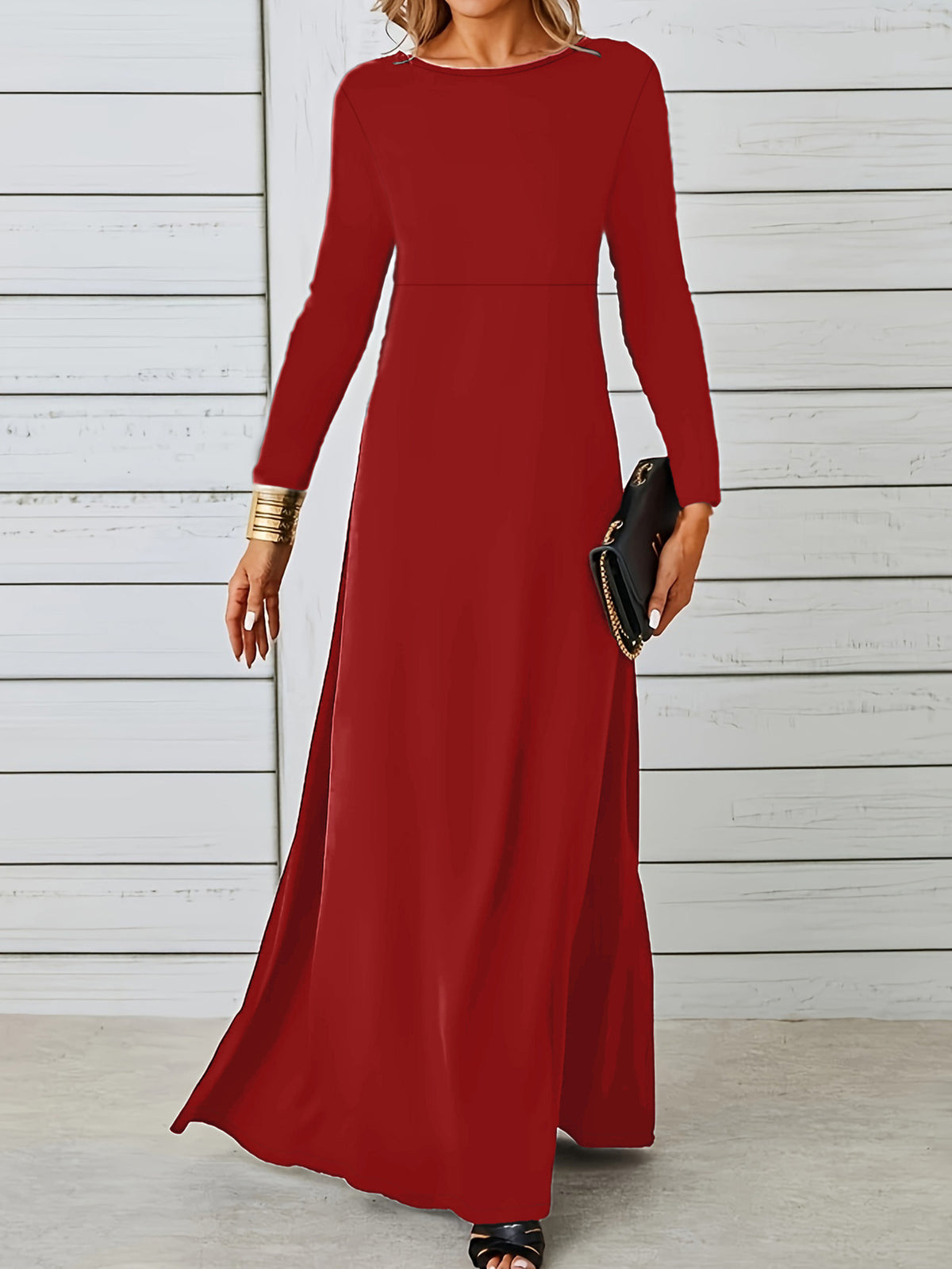 Round Neck Long Sleeve High Waist A-Line Maxi Dress 3