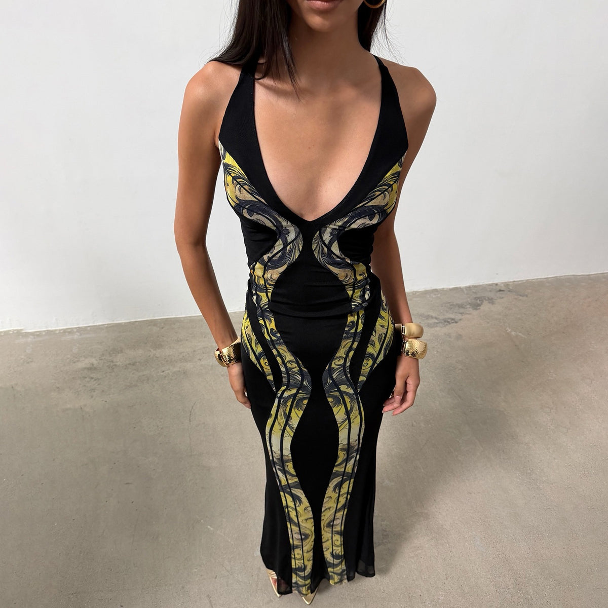 Women Clothing Sexy Slim Fit Fishtail Dress Deep V Plunge neck Sleeveless Hollow Out Cutout Shoulder Strap Dress
