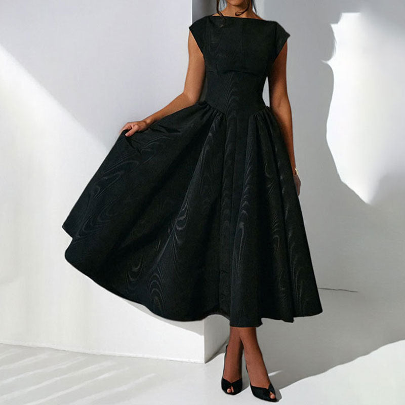 Boat Neck Cap Sleeve Drop Waist Pleated Fit and Flare Midi Dress 7
