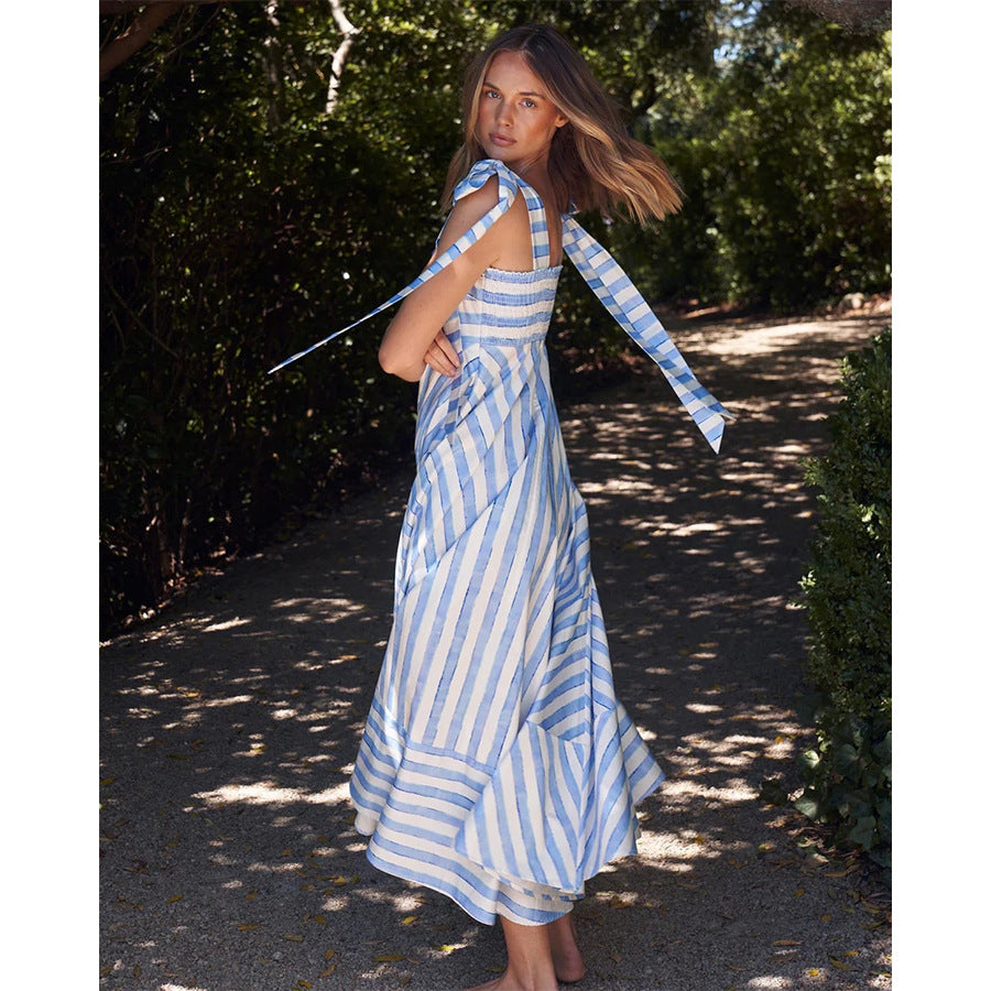 Striped Print Square Neck Tie Shoulder Pocket A-Line Maxi Dress
