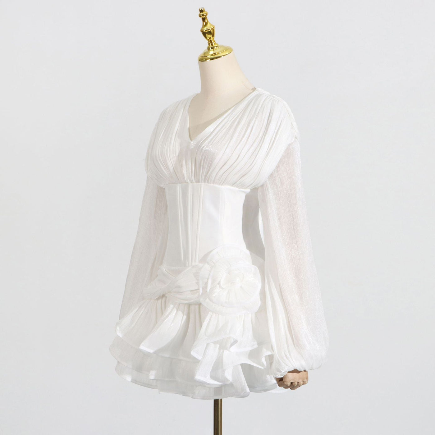 Chiffon Long Sleeve V-Neck Corset Tiered Mini Dress 3