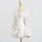Chiffon Long Sleeve V-Neck Corset Tiered Mini Dress 3