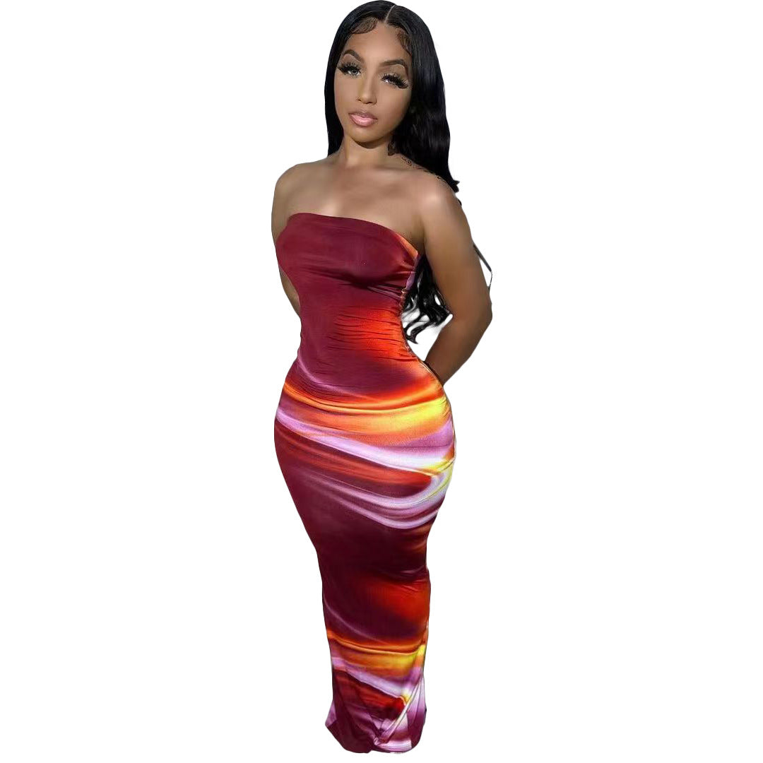 Abstract Print Strapless Tube Bodycon Maxi Dress 4