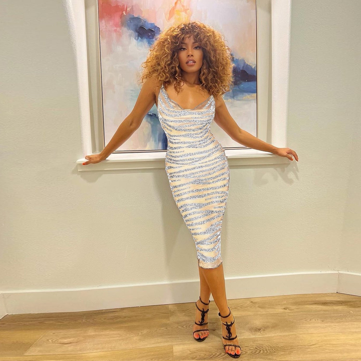 Sequin Velvet Cowl Neck Spaghetti Strap Striped Bodycon Midi Dress