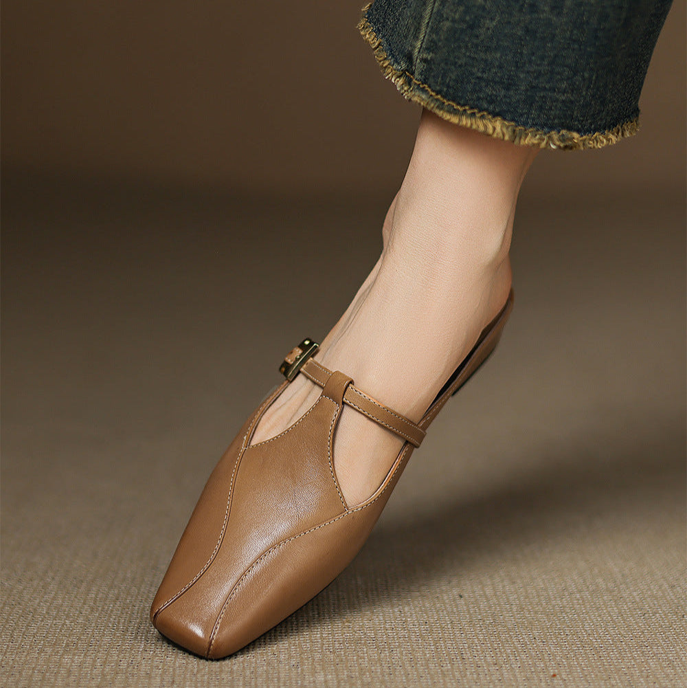 Square Toe Buckle Strap Low Block Heel Mules