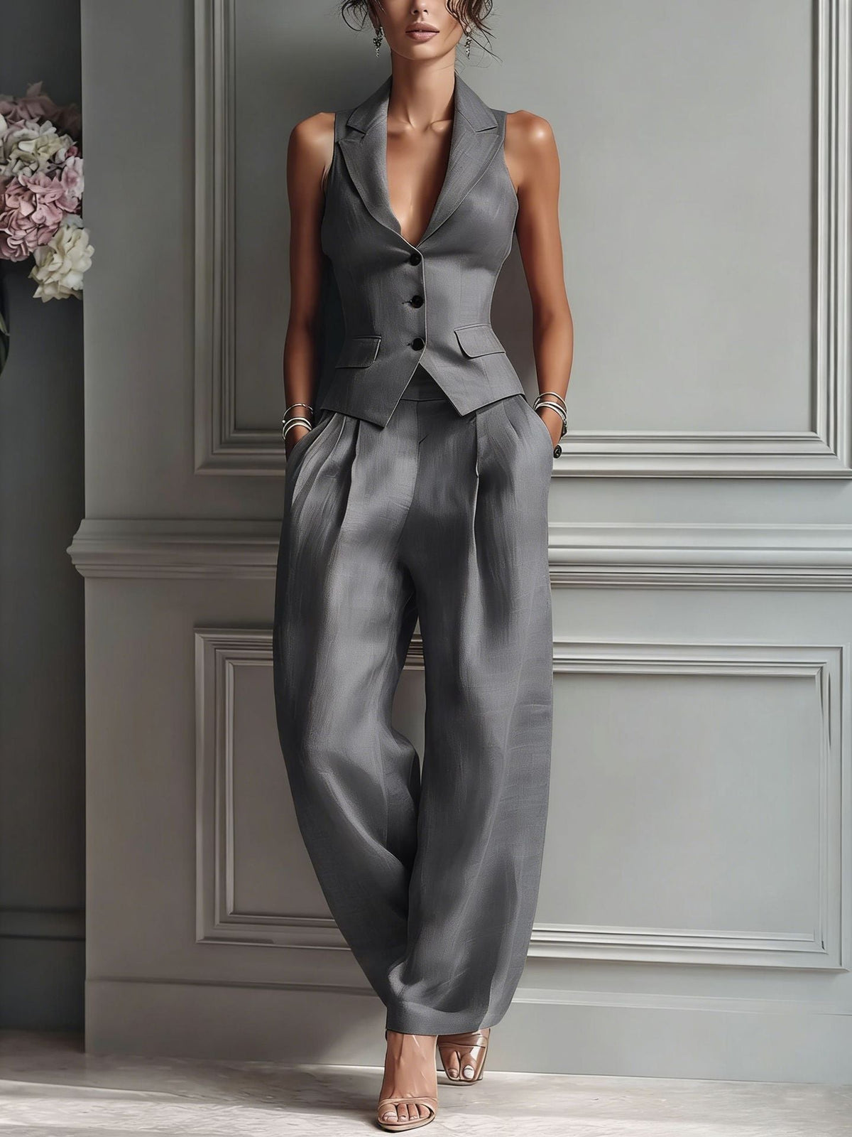 Sleeveless Button Front Vest and Wide Leg Pants Two Piece Set