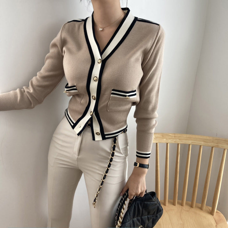 Contrast-Trim Metal Button Cardigan