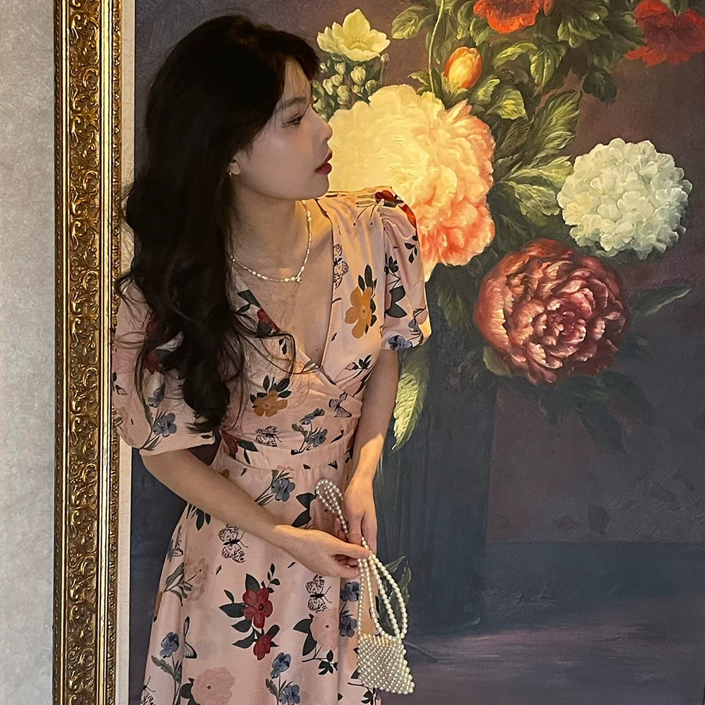 Floral V-Neck Puff Sleeve Fit and Flare Midi Dress 7