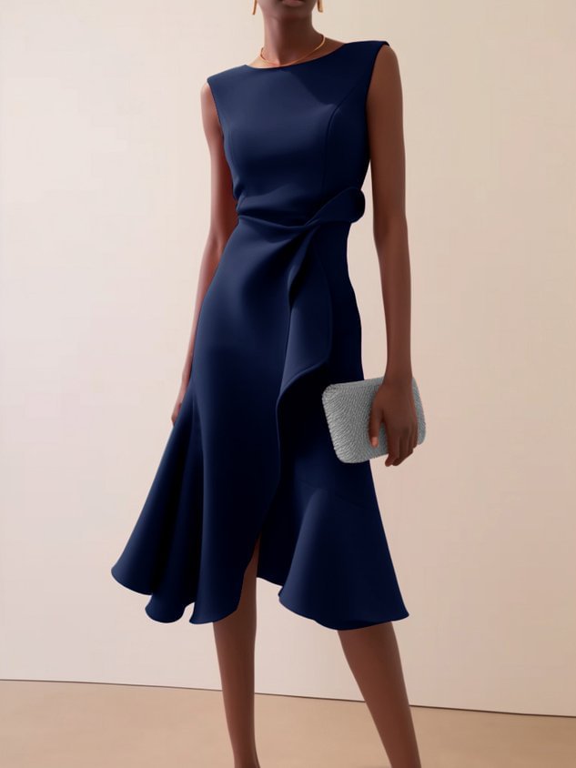 Crew Neck Sleeveless Twist Knot Ruffle Fit and Flare Midi Dress