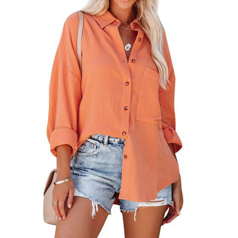 Collared Long Sleeve Button Down Textured Pocket Shirt