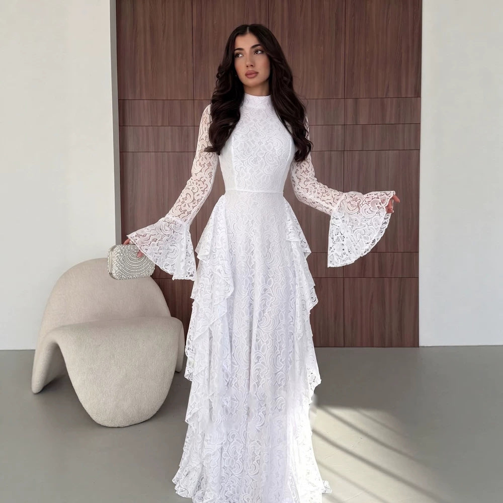 Autumn French Women Bell Sleeve Elegant Long Lace Dress Lace Long Sleeve Waist Tight