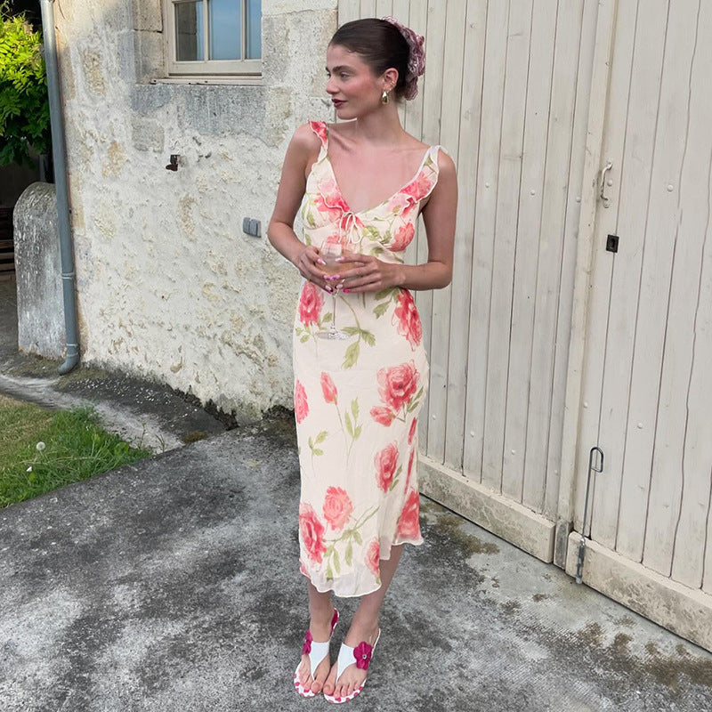 Floral Print Mesh V-Neck Tie Front Sleeveless Bias Cut Midi Dress