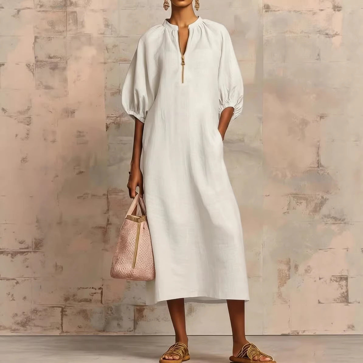 V-Neck Puff Sleeve Loose Linen Midi Dress Summer 3