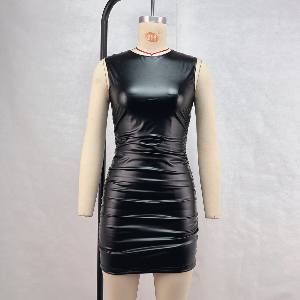 Faux Leather Crew Neck Sleeveless Ruched Bodycon Mini Dress 3