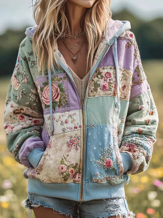 Floral Patchwork Hooded Zip Front Jacket