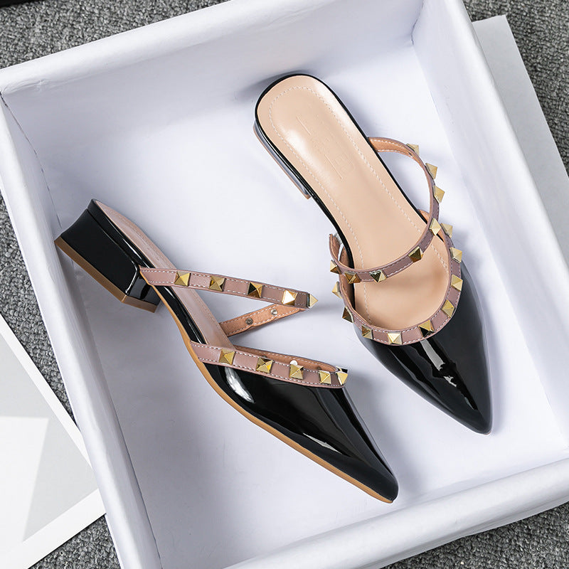 Pointed Toe Studded Strap Block Heel Mules