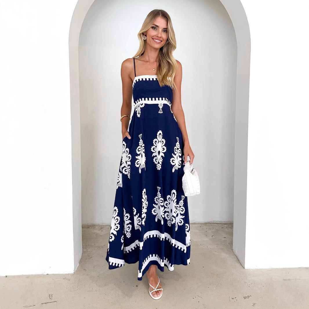 Damask Print Spaghetti Strap Fit and Flare Maxi Dress with Pockets