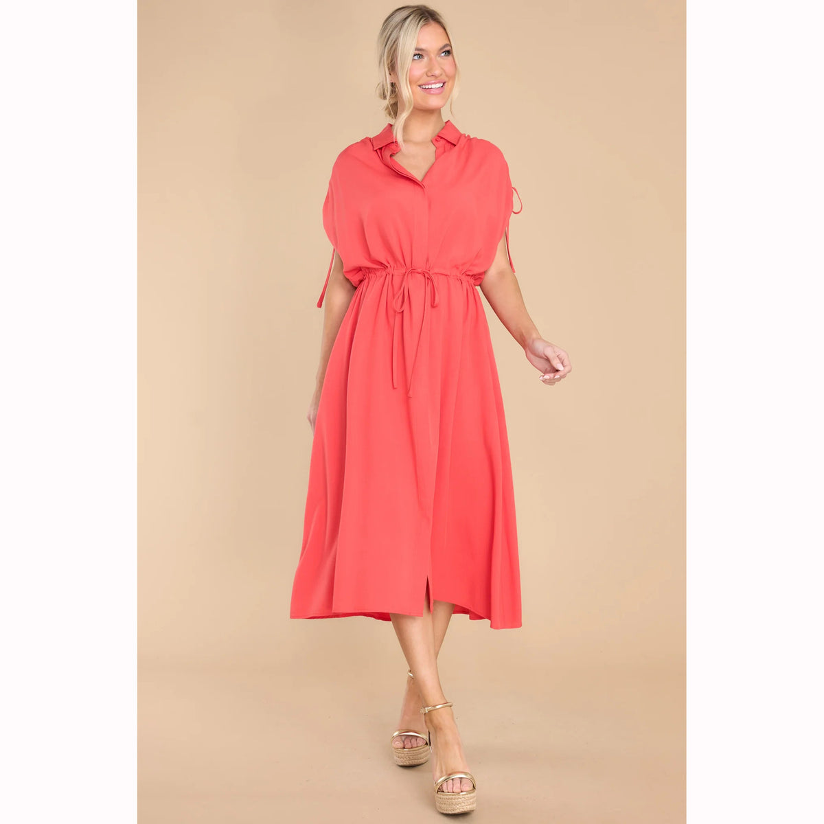 Trendy Summer Fitted Waist Turn down Collar Single Breasted Drawstring Dress