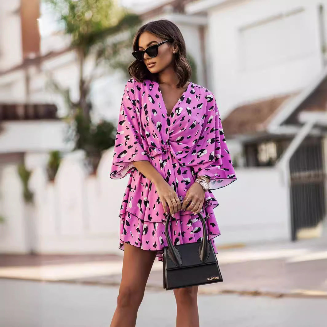 Floral Print Wrap V-Neck Batwing Sleeve Tiered Ruffle Mini Dress 8