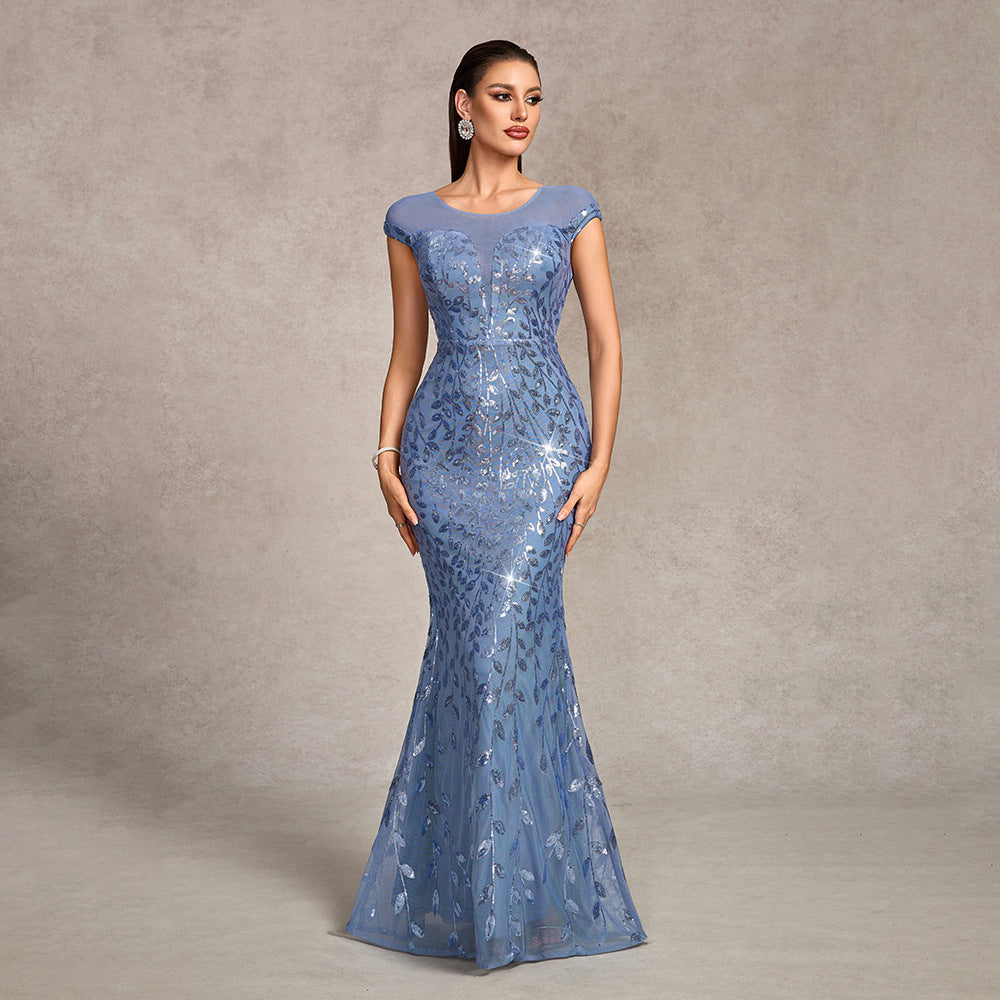Mesh Embroidered Sequined Short Sleeve round Neck V Back Elegant Evening Dress Cocktail Fishtail