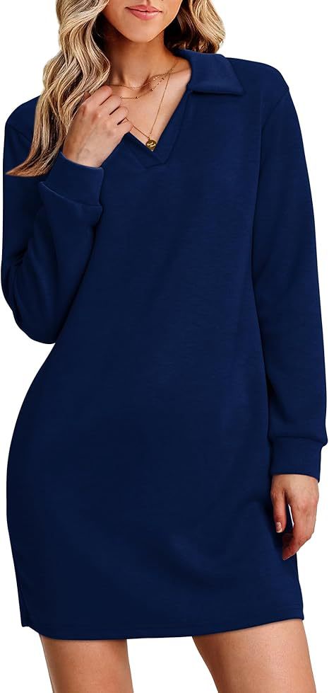 Collared V-Neck Long Sleeve Sweatshirt Mini Dress 2
