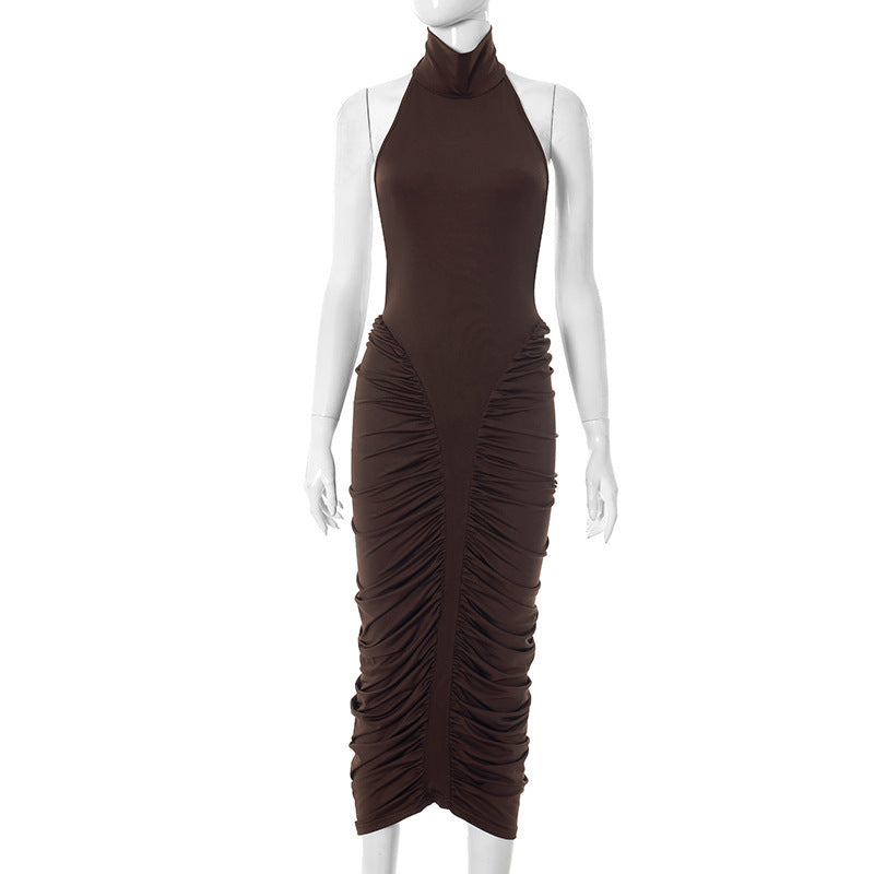 Halter Mock Neck Sleeveless Open Back Ruched Bodycon Midi Dress 5