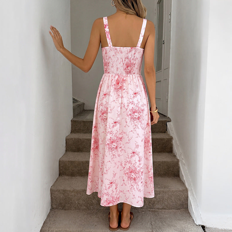Floral Print Sweetheart Ruffle Trim Tie Front Smocked Cami Midi Dress 4