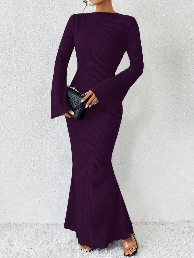 Rib Knit Flare Sleeve Bodycon Mermaid Maxi Dress 12