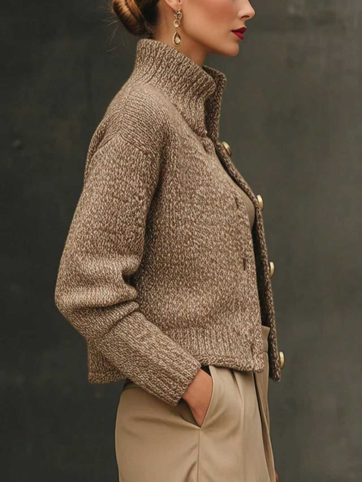 Stand Collar Button Front Cropped Knit Cardigan