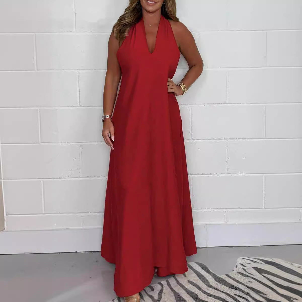 Spring Summer Women Clothing Deep V Plunge Neck T Shape Back Sleeveless Elegant Dress