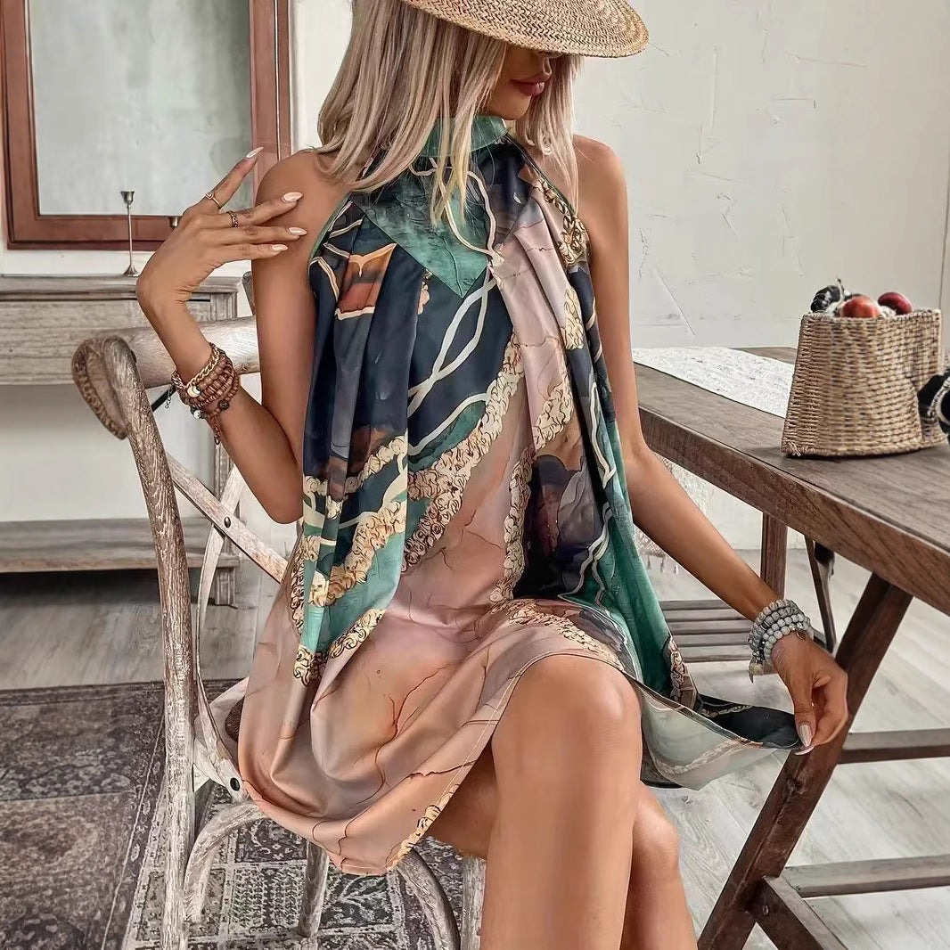 Abstract Print Satin Halter Neck Sleeveless Swing Mini Dress 3