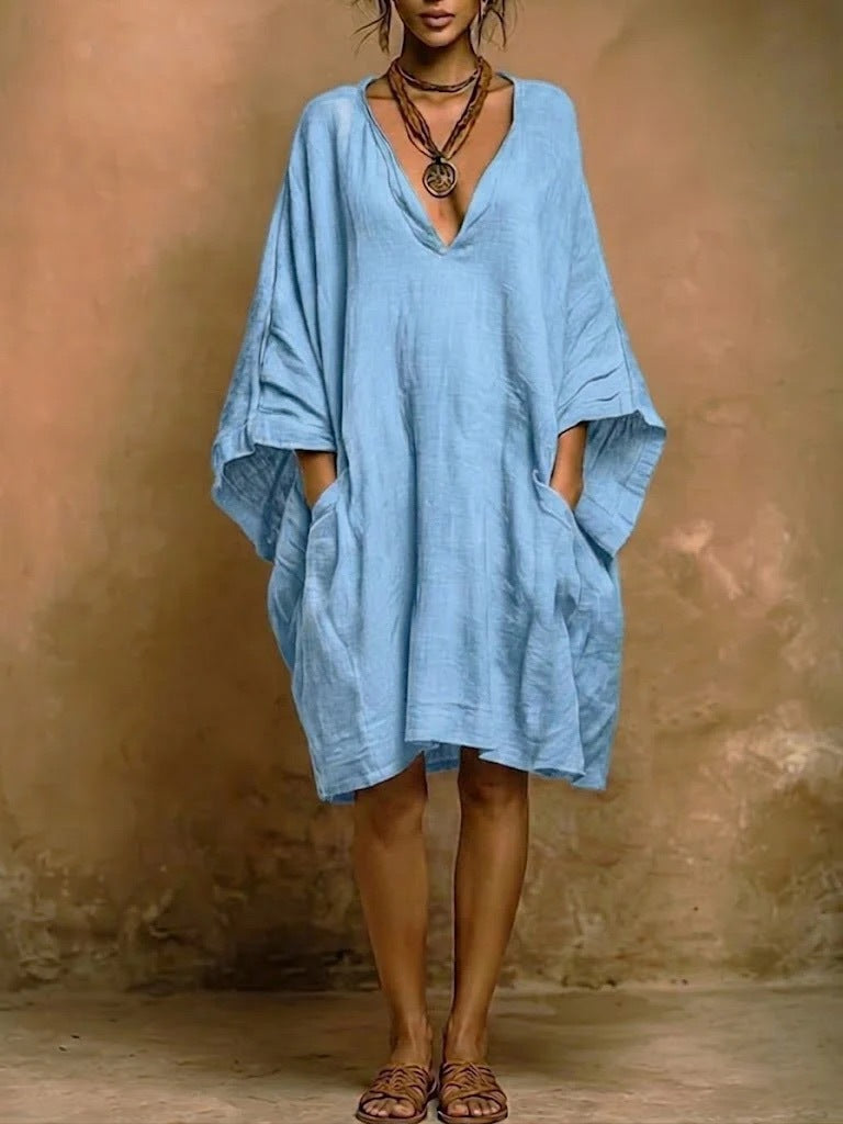 Linen Look Deep V-Neck Batwing Sleeve Oversized Pocket Knee Length Dress 3