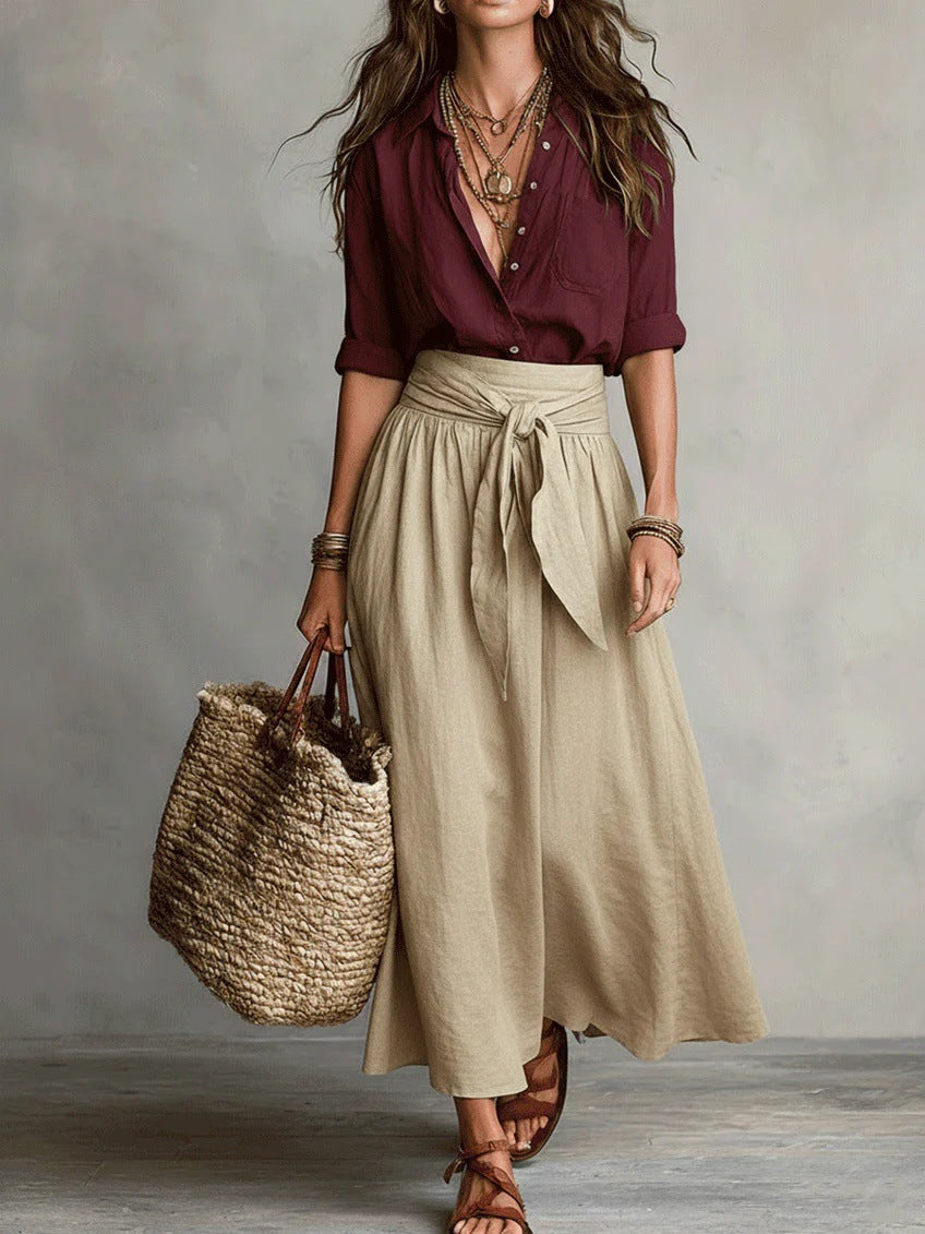 Button Front Shirt and Tie Waist Maxi Skirt Two Piece Set