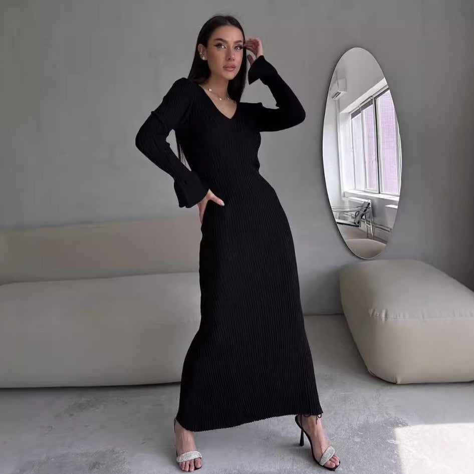 Long Sleeve V neck Tight Knitted Dress Solid Color Rib Fabric Wool Long Dress