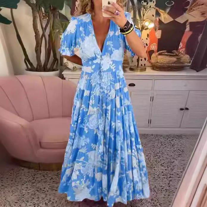 Floral V-Neck Short Sleeve Tiered Maxi Dress 2