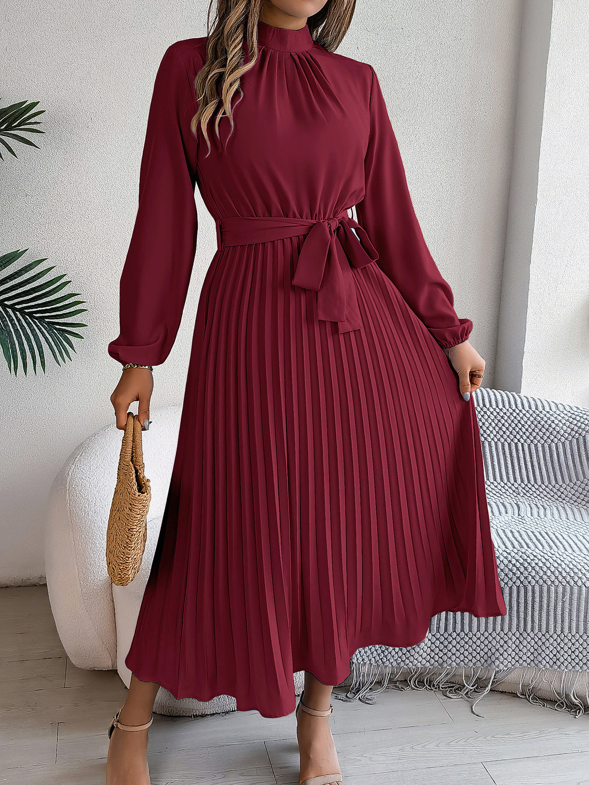 Mock Neck Long Sleeve Tie Waist Pleated A-Line Midi Dress 5