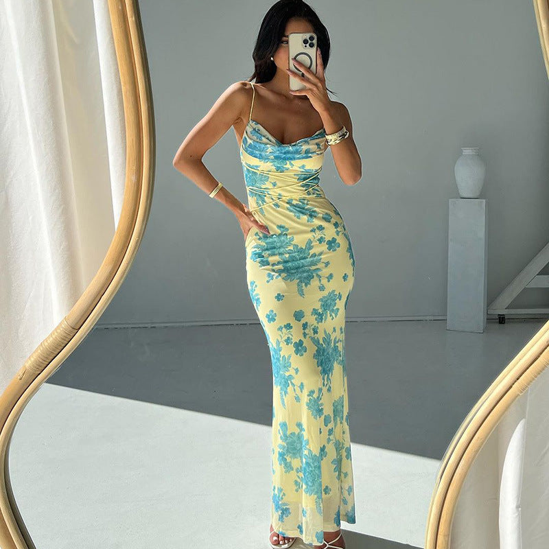 Floral Print Cowl Neck Spaghetti Strap Lace Up Waist Mermaid Maxi Dress 3
