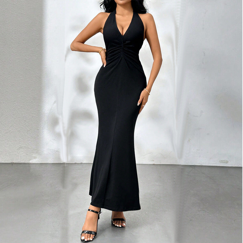 Halter V-Neck Ruched Front Backless Mermaid Maxi Dress 5