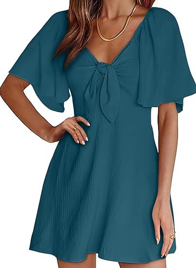 V-Neck Tie Front Flutter Sleeve A-Line Mini Dress 7