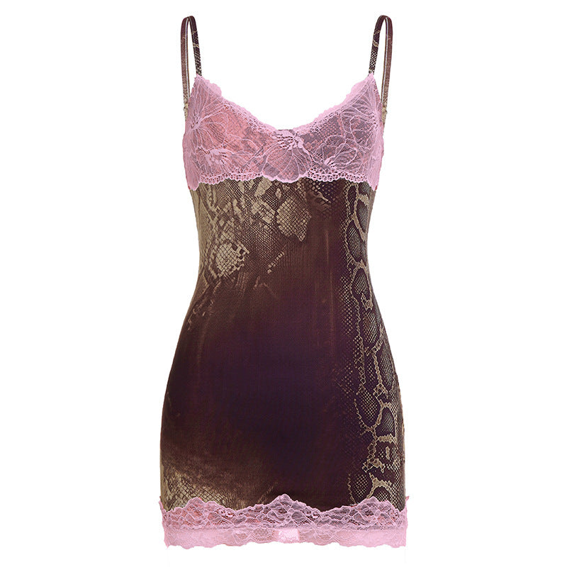 Snake Print Lace Trim Spaghetti Strap Bodycon Mini Slip Dress 6