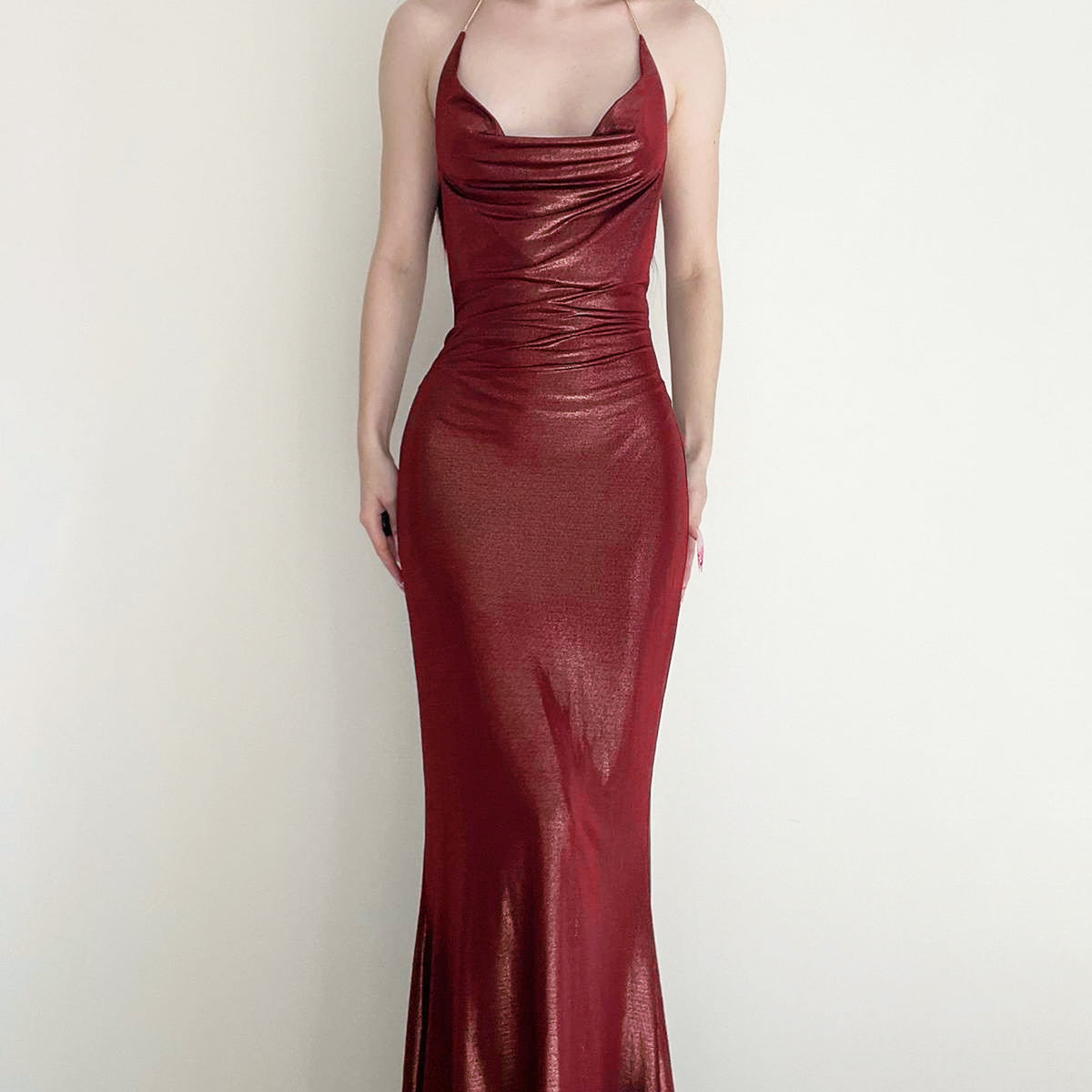 Sexy Elegant Retro Halter Sheath Dress Thin Flash Pleated Backless Solid Color Swing Collar Dress