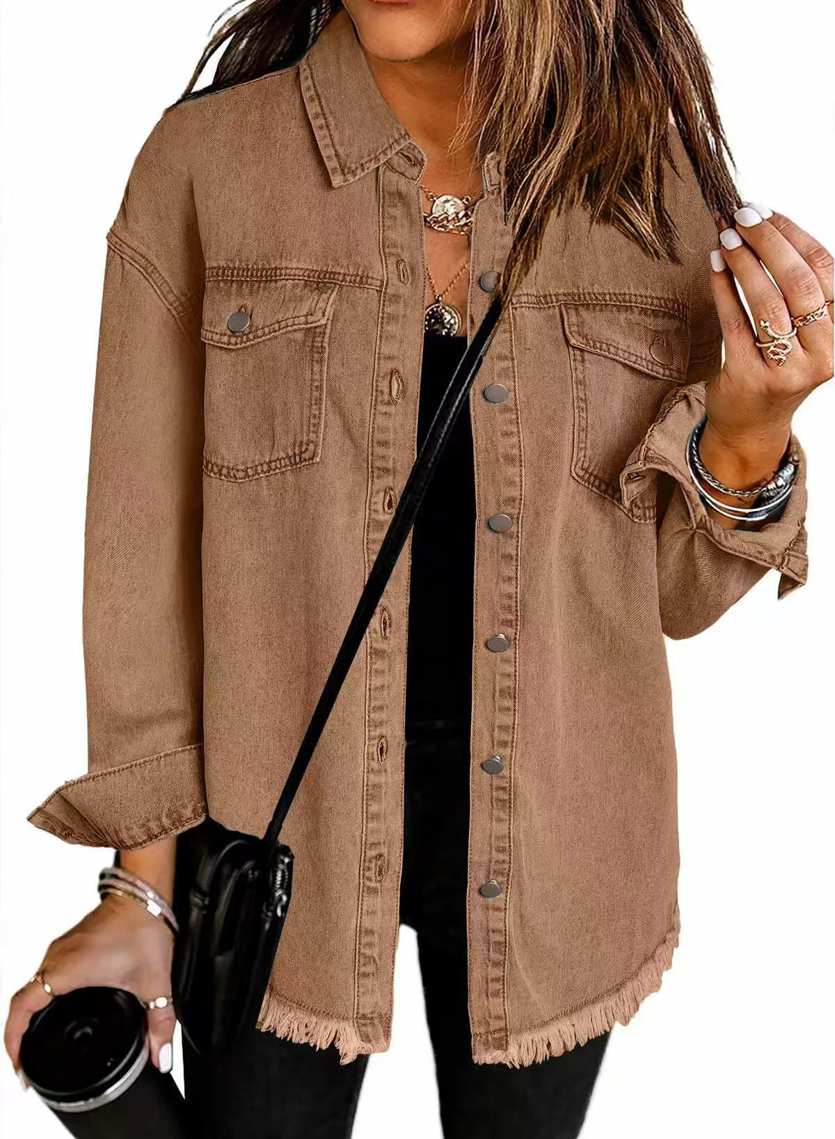 Button Front Chest Pocket Frayed Hem Denim Shirt Jacket