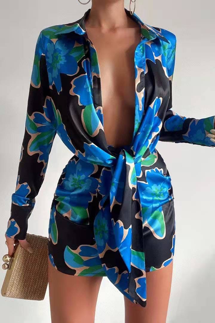 Abstract Print Satin Plunge Collared Tie Waist Long Sleeve Shirt Dress 3