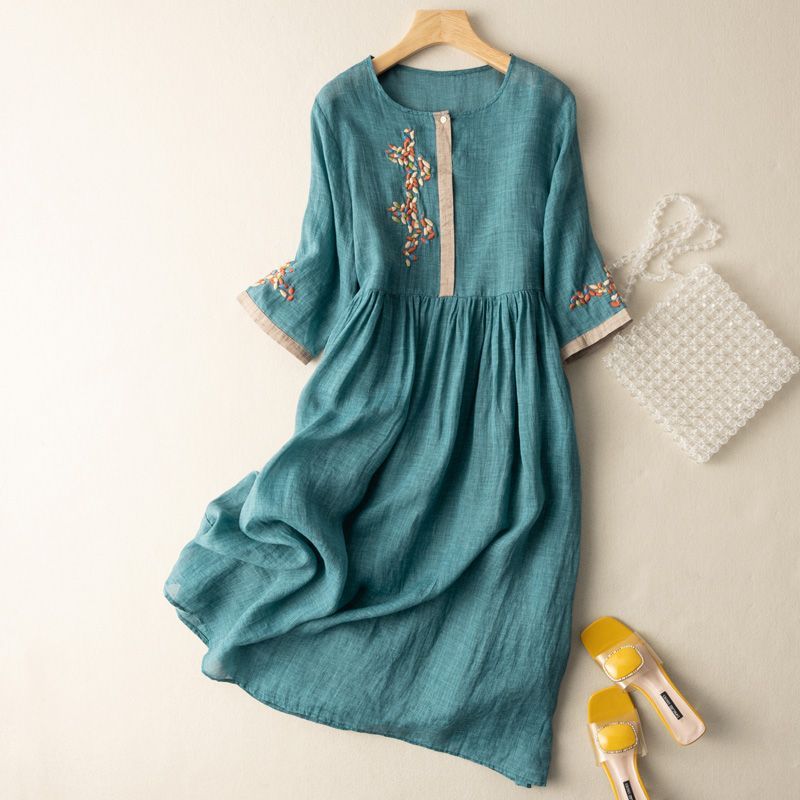 Embroidered Round Neck Long Sleeve Midi Dress