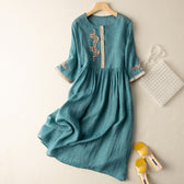 Embroidered Round Neck Long Sleeve Midi Dress