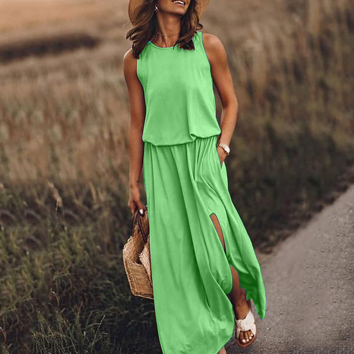 Crew Neck Sleeveless Elastic Waist Side Split Maxi Dress 9